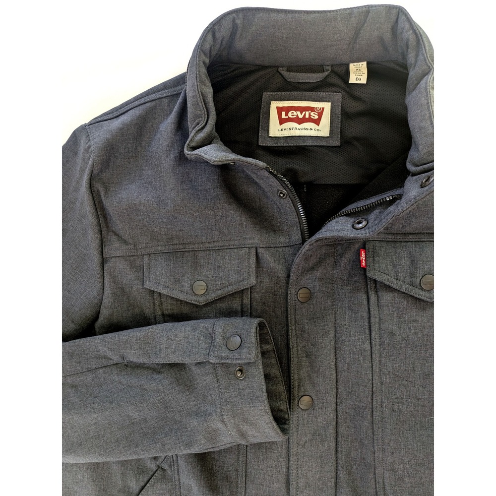 Levis Mens XL Gray Softshell Trucker Jacket Stowaway Hood Full Zip Snap Front